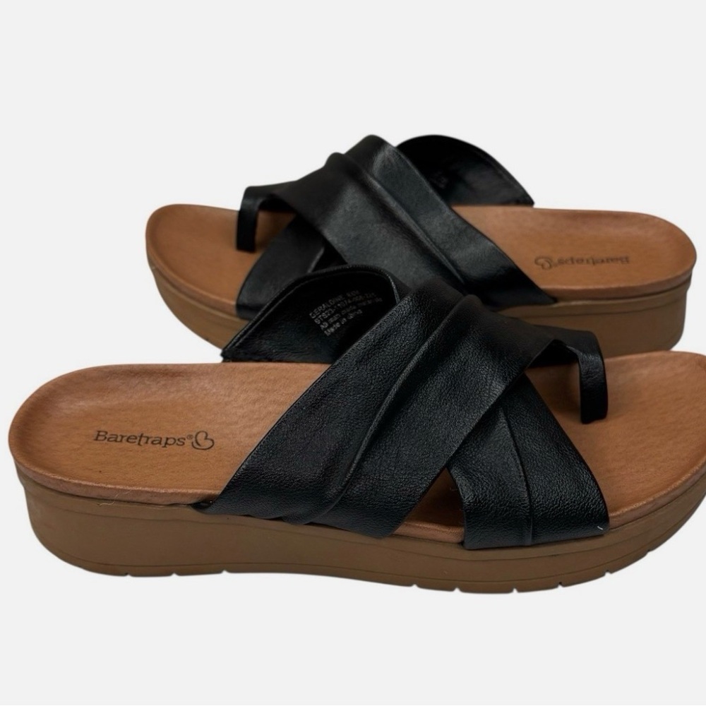 BareTraps Black Leather Crossband Platform Sandals